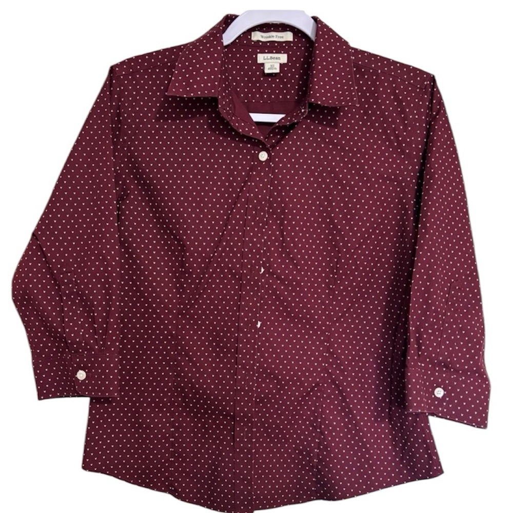 L.L.Bean Women's XSP Button Down Shirt Maroon Heart Motif